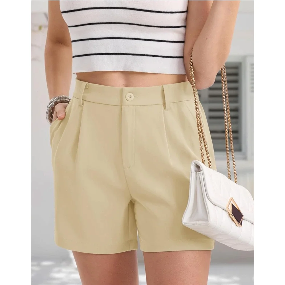 Magcomsen‎ Womens Beige High Waisted Pleated Wide Leg Dress Shorts Size 2XL NWT